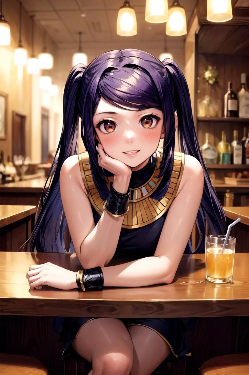 (masterpiece, best quality, detailed), 1girl, solo, looking at viewer, defJill, twintails, ancient egyptian clothes, indoors, alcohol, bar \(place\), counter, table, stool, chandelier, pov across table, elbows on table, elbow rest, smile, parted lips