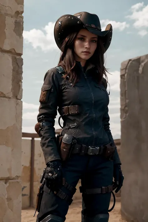 (cowboy-shot:1.5) The cowboy girl (opt-chylerleigh2000s<lora:opt-chylerleigh2000s:1>brown hair, brown eyes) possesses an air of ...