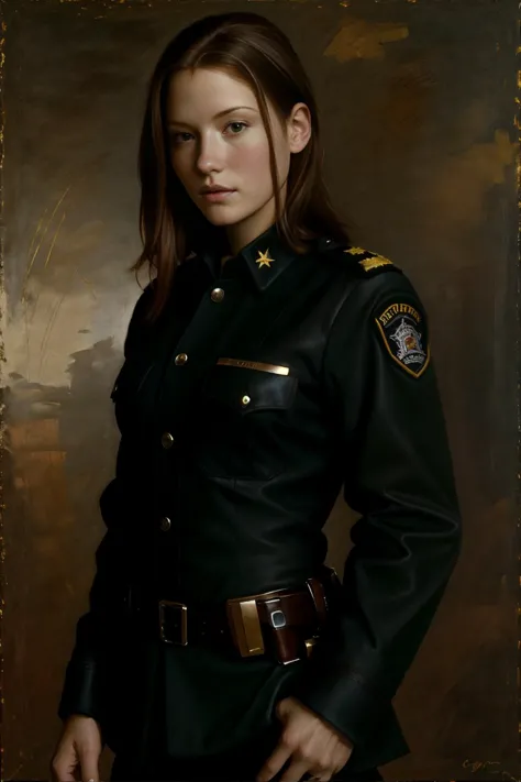 best quality, masterpiece, oil painting on canvas, (a painting of opt-chylerleigh2000s by Crvgg, <lora:opt-chylerleigh2000s:1>brown hair, brown eyes), wearing a black military uniform, <lora:caravaggio_resize:1> Crvgg