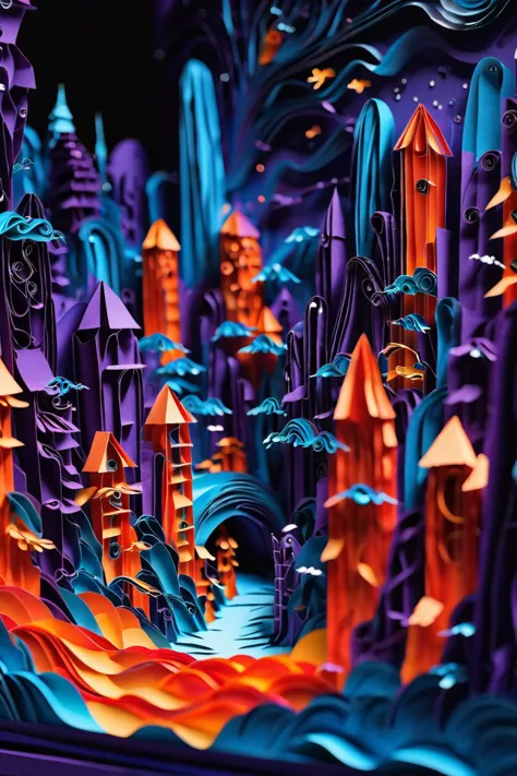 a close up of a paper cut of a castle with a waterfall