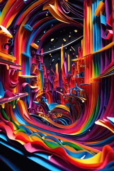 paper strip art, scifi, Underground jazz club in a techno-optimist fantasy sprawling city at the beginning of the universe, masterpiece, by Marek Denko<lora:EnvyBetterHiresFixXL01:0:hr=1><lora:EnvyPaperXL01:1>