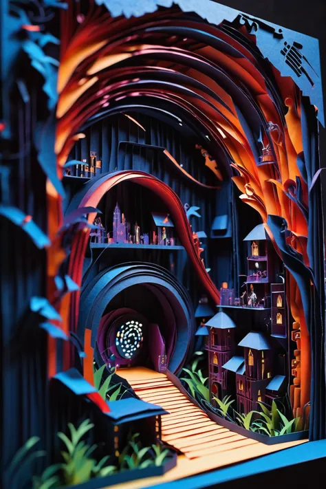 paper strip diorama, cyberpunk, fantasy, secret tunnel in a solemn,empty fantasy arcology outside of the universe, masterpiece, by Alex Drummond<lora:EnvyBetterHiresFixXL01:0:hr=1><lora:EnvyPaperXL01:1>