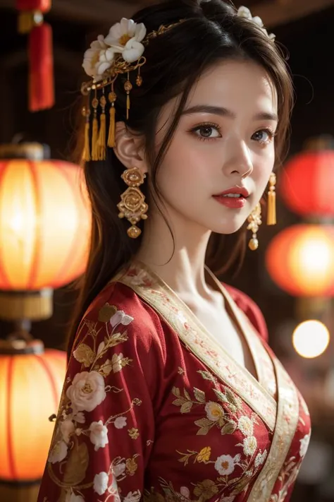 Spring Festival,1girl,solo,lantern,red lips,hair ornament,looking at viewer,chinese clothes,blurry,upper body,paper lantern,earrings,jewelry,makeup,black hair,brown hair,lipstick,smile,
best quality,masterpiece,illustration,an extremely delicate and beautiful,CG,unity,8k wallpaper,Amazing,finely detail,masterpiece,official art,extremely detailed CG unity 8k wallpaper,incredibly absurdres,huge filesize,ultra-detailed,highres,extremely detailed,beautiful detailed girl,realistic,<lora:Spring Festival_20240128014515:0.8>,