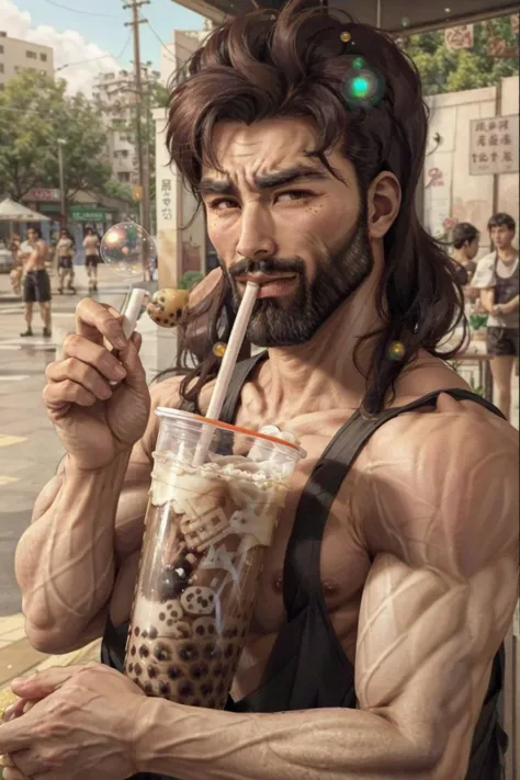 [<lora:boobatea:0.5> boobatea, with a cup of bubble tea on her boobs, lips on the straw, drinking through the straw,beach:<lora:...