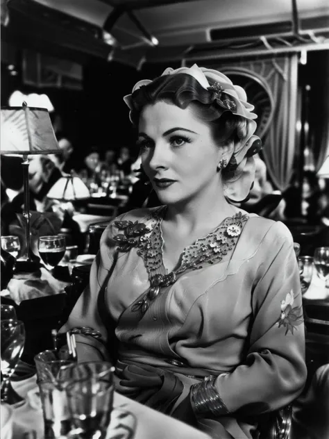 a black and white photo of a woman sitting at a table