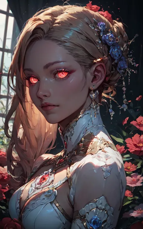 a woman with red eyes and a flower in her hair