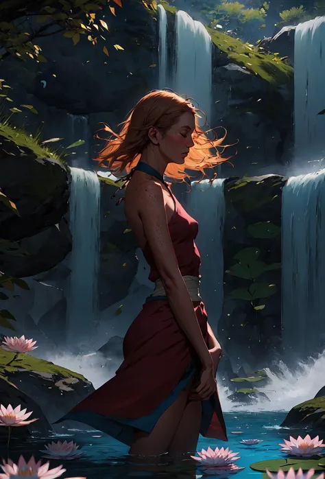 (score_9, score_8_up, score_7_up), detailed, realistic  a monk maintains calm in heavy wind, halterneck, mature_female, lotus_position, fantasy monk, robes, meditation, dhyana_mudra, floating_hair, wind_lift, freckles, amber hair, medium_hair, solo, waterfall, small_breasts, casting_spell, looking_away.