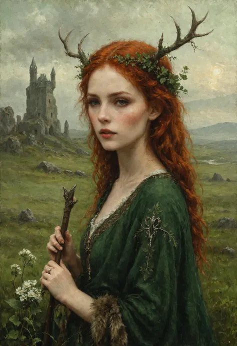 a painting of a woman with red hair holding a stick