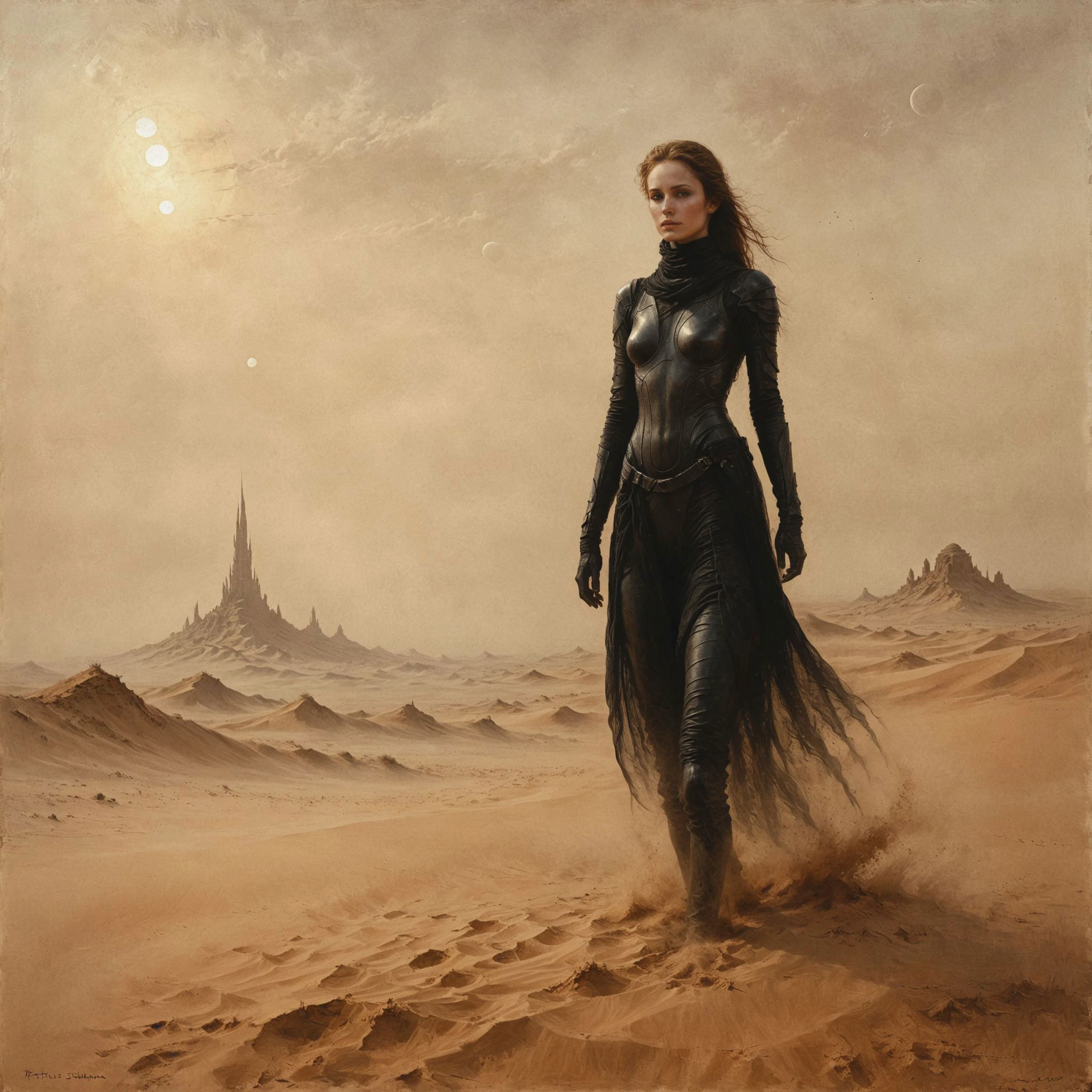 An digital illustration sci-fi drawing frank herbert dune masterpiece avec intricate details et the best quality art by, (Pierre de Schendel) (Hans Larwin) et (Dorian Cleaver) avec (Luis Royo) a young attractive Fremen woman avec delicate dust covered face avec black eyeliner stet on top of a dune of vast sety orange desert wearing tight black stillsuit, au loin, une ligne d&#39;horizon futuriste d&#39;Arrakis 