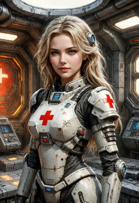 a woman in a futuristic suit standing in a room with a cross on her chest