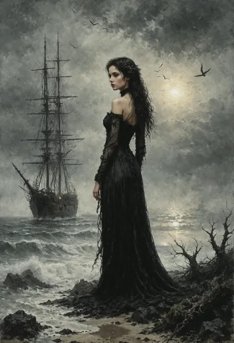 An digital illustration drawing masterpiece with intricate details and the best quality art by, (Dorian Cleavenger) and (luis royo)  a young attractive widow She is standing on the beach sad melancholic with broken heart, looking into distance at vast stormy sea with floating candles and shipwrecks overgrown with seaweed and barnackles, broken masts, during cold cloudy gloomy rainy day shrouded in thick fog, lost in tought <lora:add_detail:0.8>   <lora:LaxpeintXL-2.0:0.4> <lora:Desolation:0.5>