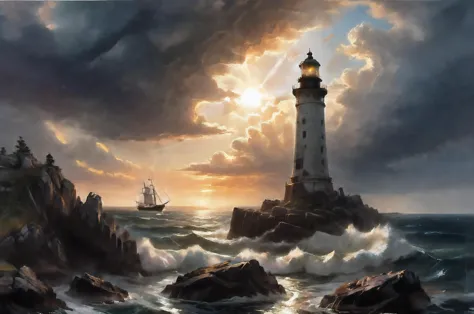 oil painting on canvas,  old lighthouse atop rocky shore, large waves crashing on rocks, stormy sea, dramatic sky,  setting suns...
