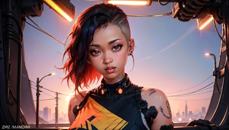 masterpiece, best quality, intricate detail, a cyberpunk-inspired artwork with  a  futuristic woman as a hacker, immersed in a neon-lit digital realm,  skind,  <lora:half_buzzcut_hairstyle:0.6> half_buzzcut_hairstyle, cowboy shot, cybernetic implant,