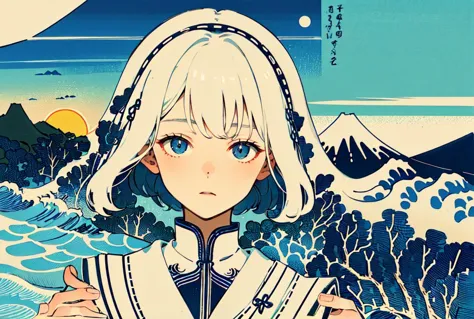 ((masterpiece)), ((high detail)),((ultra-detailed)),((delicate face)),A wave, a mountain, a sun rising over the horizon, complex clouds, 1 girl,white hair,