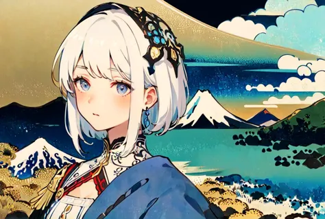 ((masterpiece)), ((high detail)),((ultra-detailed)),((delicate face)),A wave, a mountain, a sun rising over the horizon, complex clouds, 1 girl,white hair,GShead