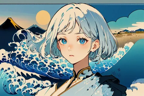 ((masterpiece)), ((high detail)),((ultra-detailed)),((delicate face)),A wave, a mountain, a sun rising over the horizon, complex clouds, 1 girl,white hair,