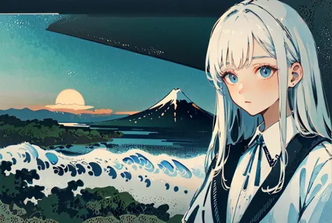 ((masterpiece)), ((high detail)),((ultra-detailed)),((delicate face)),A wave, a mountain, a sun rising over the horizon, complex clouds, 1 girl,white hair,