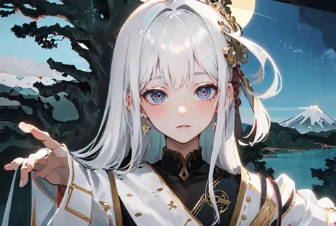 ((masterpiece)), ((high detail)),((ultra-detailed)),((delicate face)),A wave, a mountain, a sun rising over the horizon, complex clouds, 1 girl,white hair,