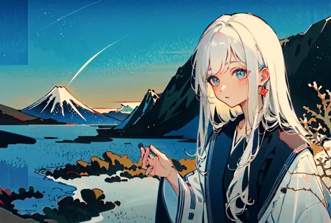 anime girl with white hair and blue eyes standing in front of a mountain