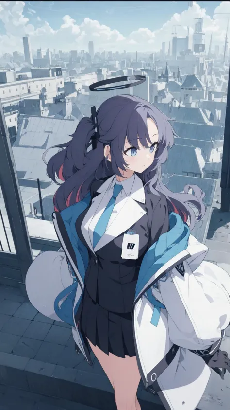 anime girl standing on a ledge with a city in the background