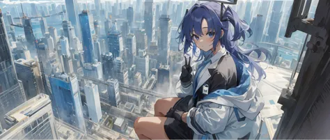 anime girl sitting on a ledge looking out over a city