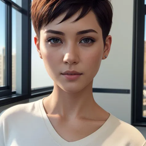 a close up of a woman with a short hair and a white shirt