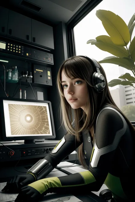 arafed woman in a black and yellow wetsuit sitting in front of a computer