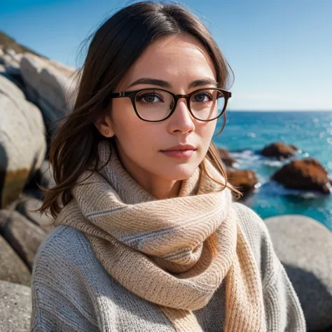 a woman wearing glasses and a scarf standing on rocks near the ocean