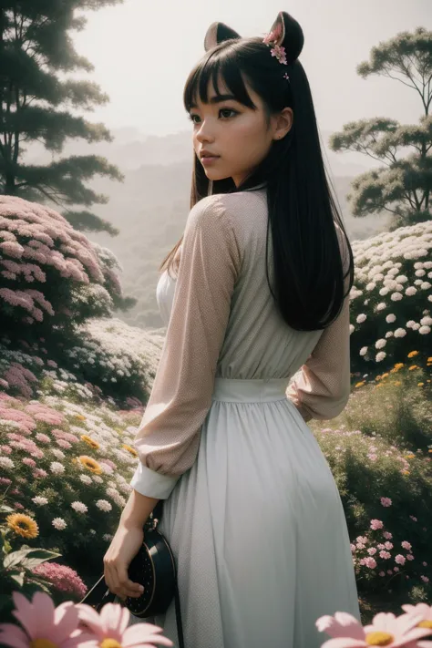 a woman in a white dress standing in a field of flowers