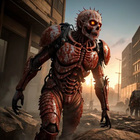 a close up of a zombie walking through a city with buildings