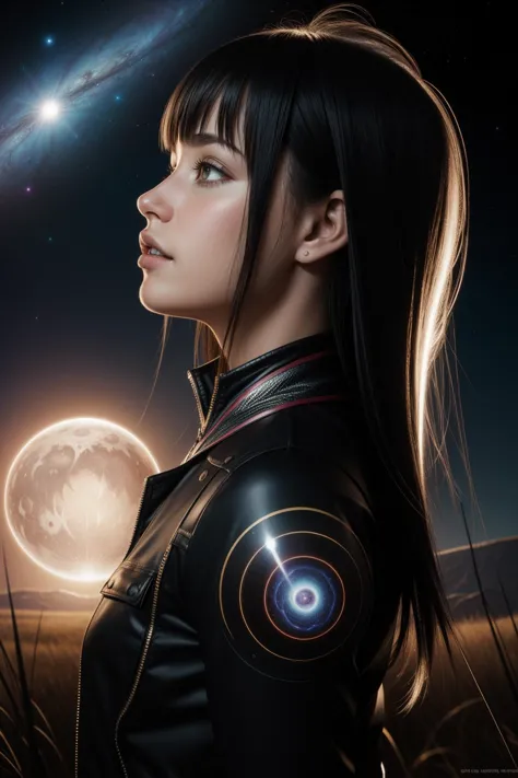 a woman in a black jacket standing in front of a full moon