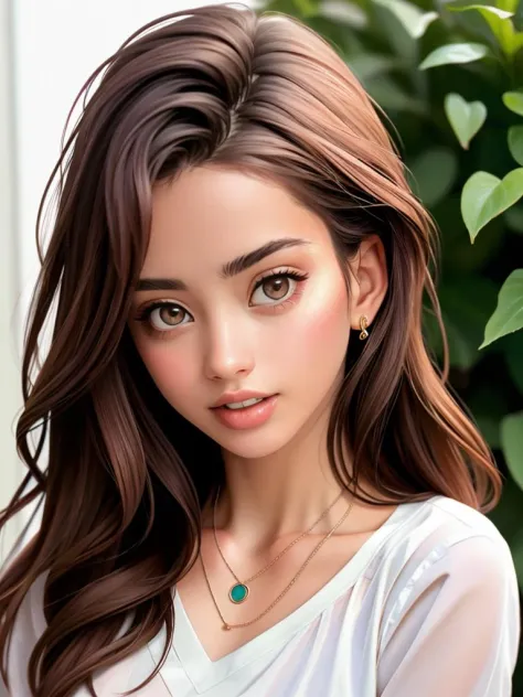 Realistic photo of a beautiful l1z4k woman, 1girl,solo,long hair,looking at viewer,brown hair,brown eyes,jewelry,flower,parted l...