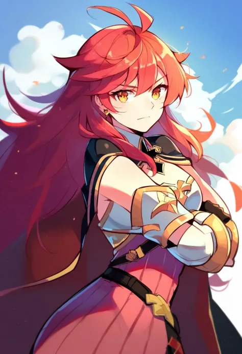 a close up of a person with long red hair and a cape