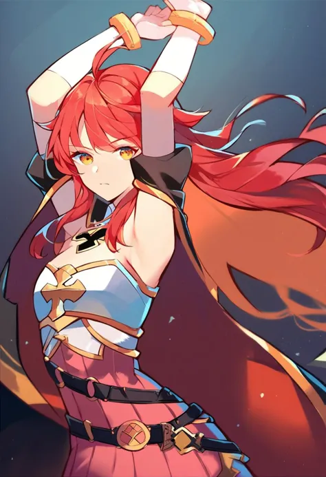 a woman with red hair and a sword in her hand