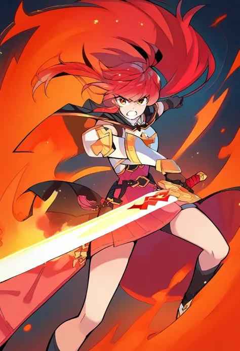 a woman with a sword in her hand and a fire in the background