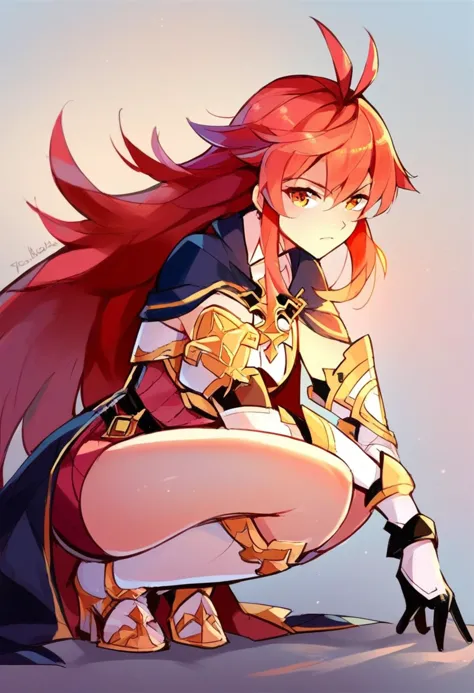 a woman with long red hair and a sword kneeling down