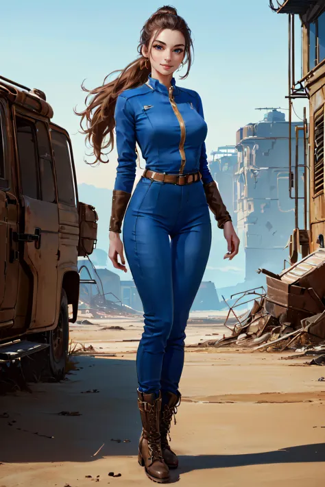 a woman in a blue jumpsuit walking in front of a desert area