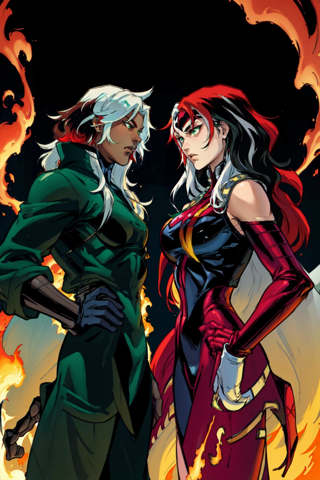 Joe Madureira Style, long hair, short hair, multiple girls, black hair, gloves, 2girls, green eyes, white hair, red hair, multicolored hair, multiple boys, two-tone hair, mask, colored skin, fire, green skin, alien