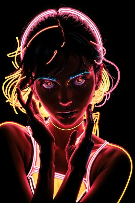 neon_outlines, close up, italian woman, hand to forehead, public park at night, rim lighting <lora:neolin3:0.6> <lora:add_detail...