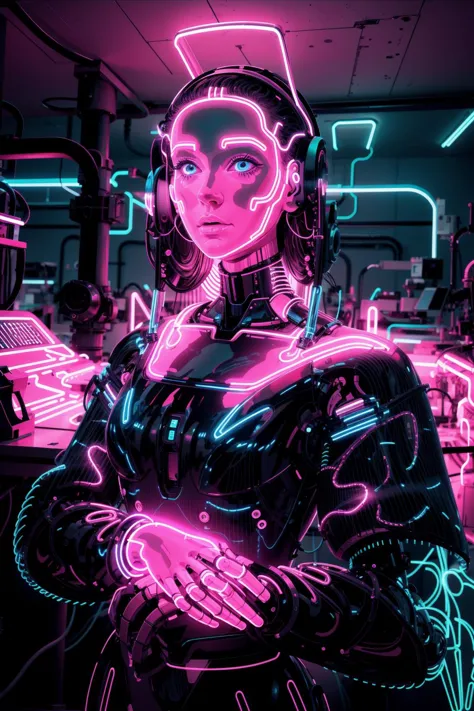 neon_outlines, feminine robot posing at the robot factory, strange future, secret technology, sense of wonder <lora:neolin3:0.5>...