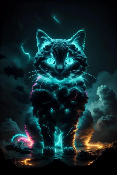 a cat with glowing eyes standing in the clouds