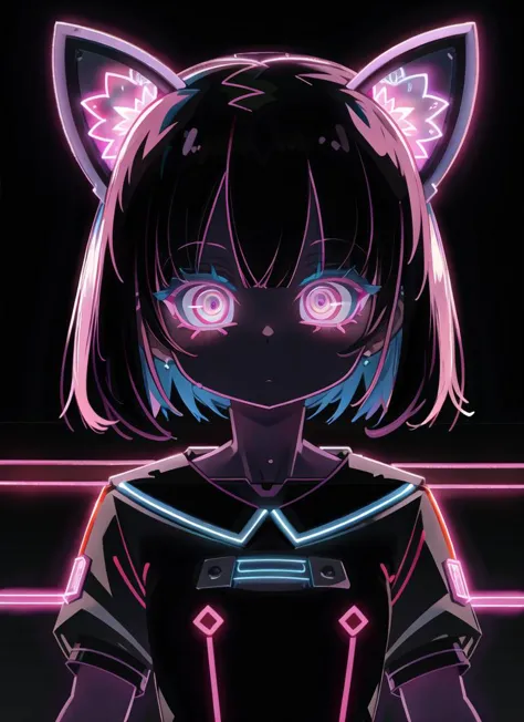 a girl with pink eyes and a cat ears stands in front of a neon background