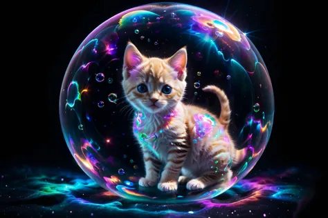 neon_outlines, adorable kitten inside an iridescent bubble floating in deep space, colorful astral emanations in the background,...