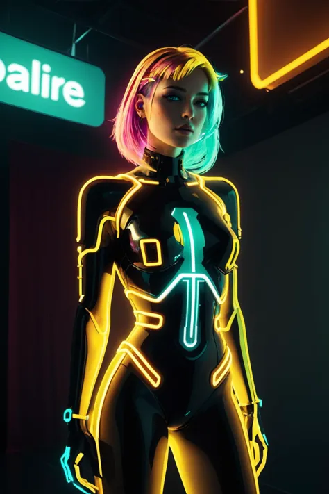 neon_outlines, portrait, cyberpunk woman standing on stage, gold and teal theme, 8k resolution <lora:neolin3:0.3> <lora:add_deta...