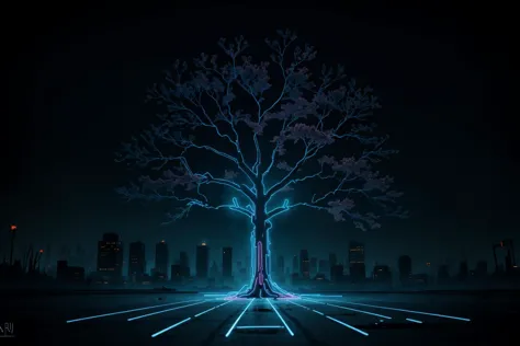 a tree with glowing leaves in the middle of a city at night