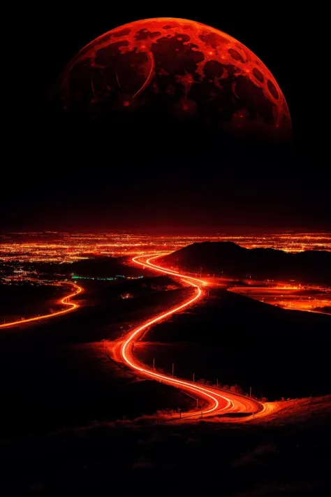 Neon_Umrisse, Landschaft bei Nacht, Blutmond 