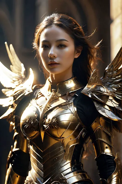 medieval high-tech cyborg woman, black and gold plate medieval style Armor, fallen angel, very sexy physique destroyed skyscrape...
