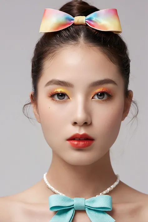 a woman with a bow tie and a necklace with a colorful bow