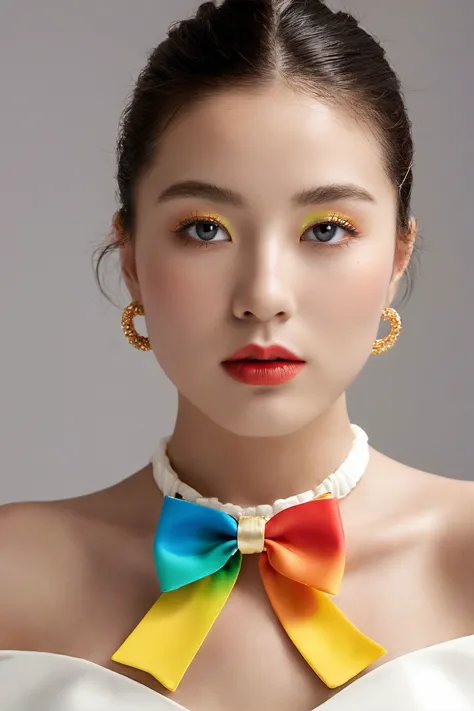 a close up of a woman wearing a white dress and a colorful bow tie