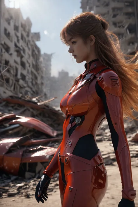 a woman in a red suit standing in front of a destroyed building